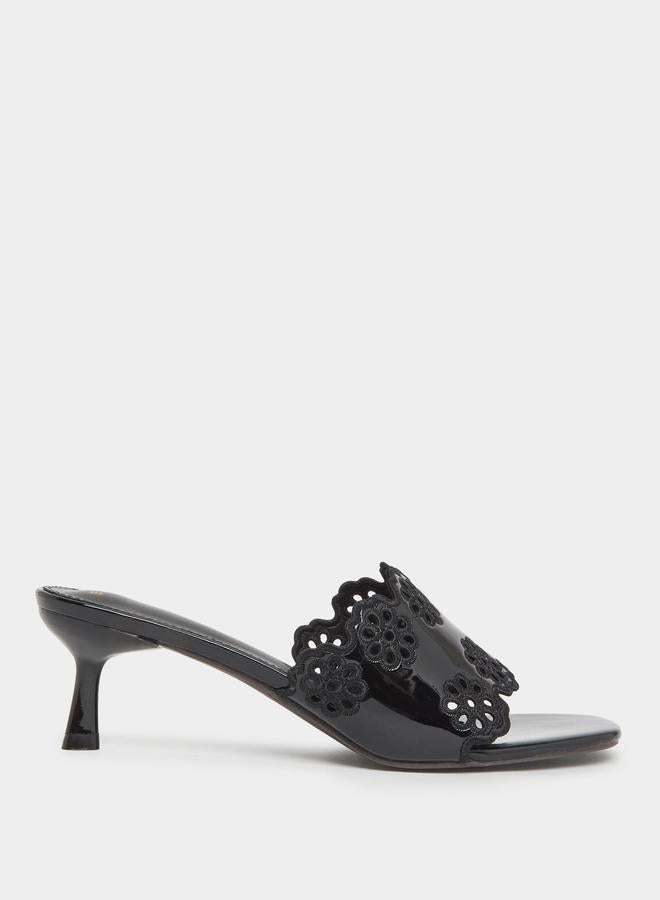 Styli Black Floral Cutout Kitten Heel Sandals - Image 1